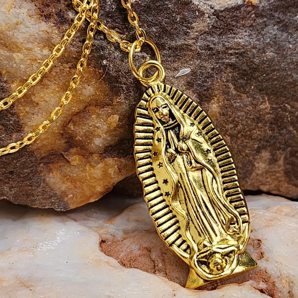 Large Our Lady of Guadalupe' Gold Medallion Long Chain Magnolia Rose